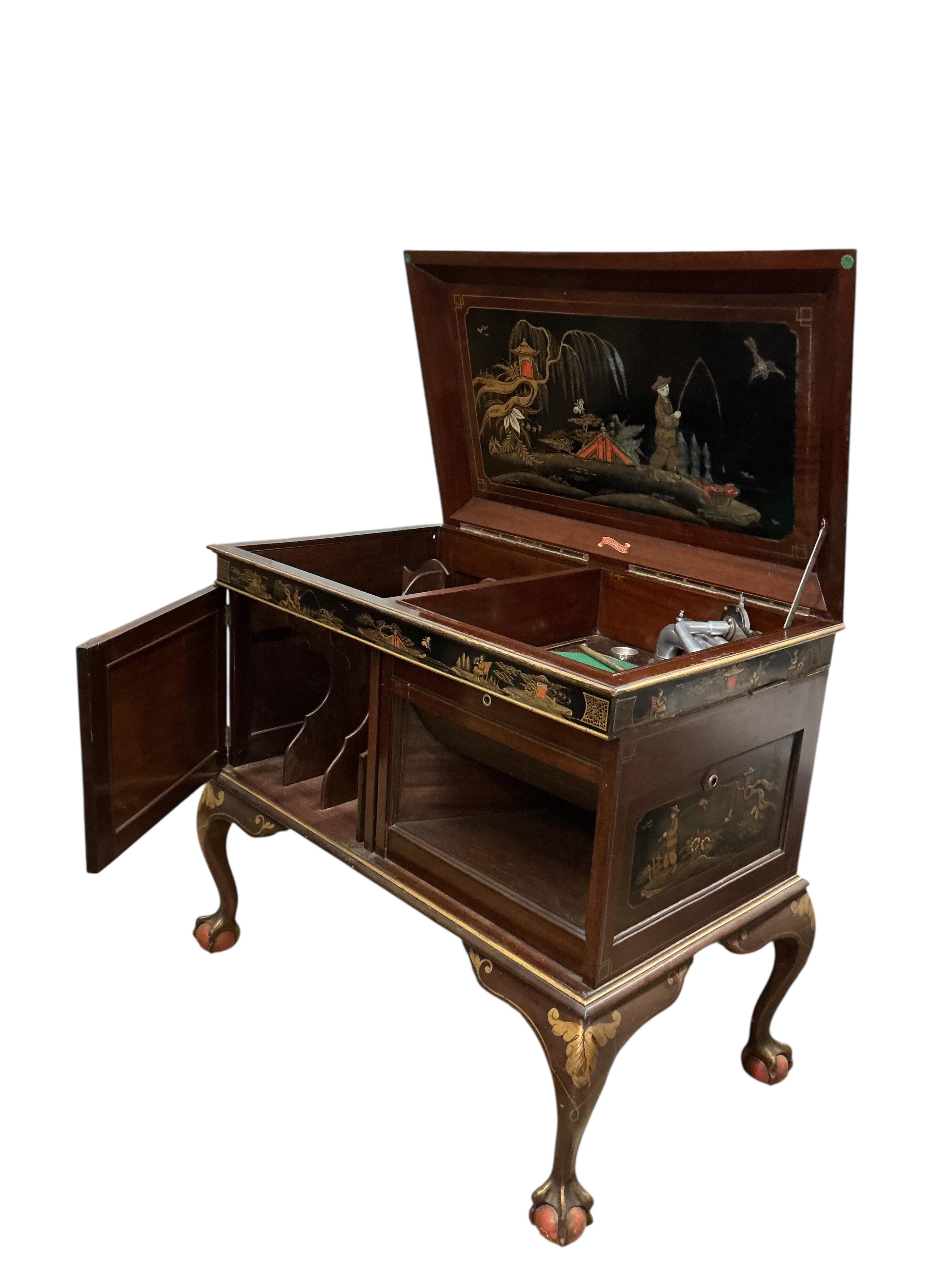 An early 20th century chinoiserie lacquer Duophone cabinet gramophone, width 94cm, depth 57cm, height 86cm